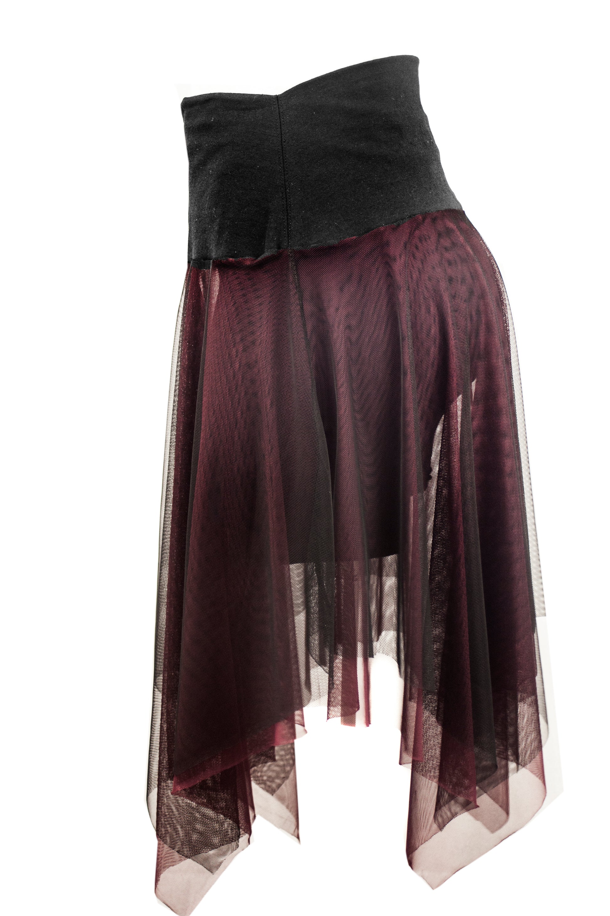 Falda asimetrica bruja transparencia picos vino